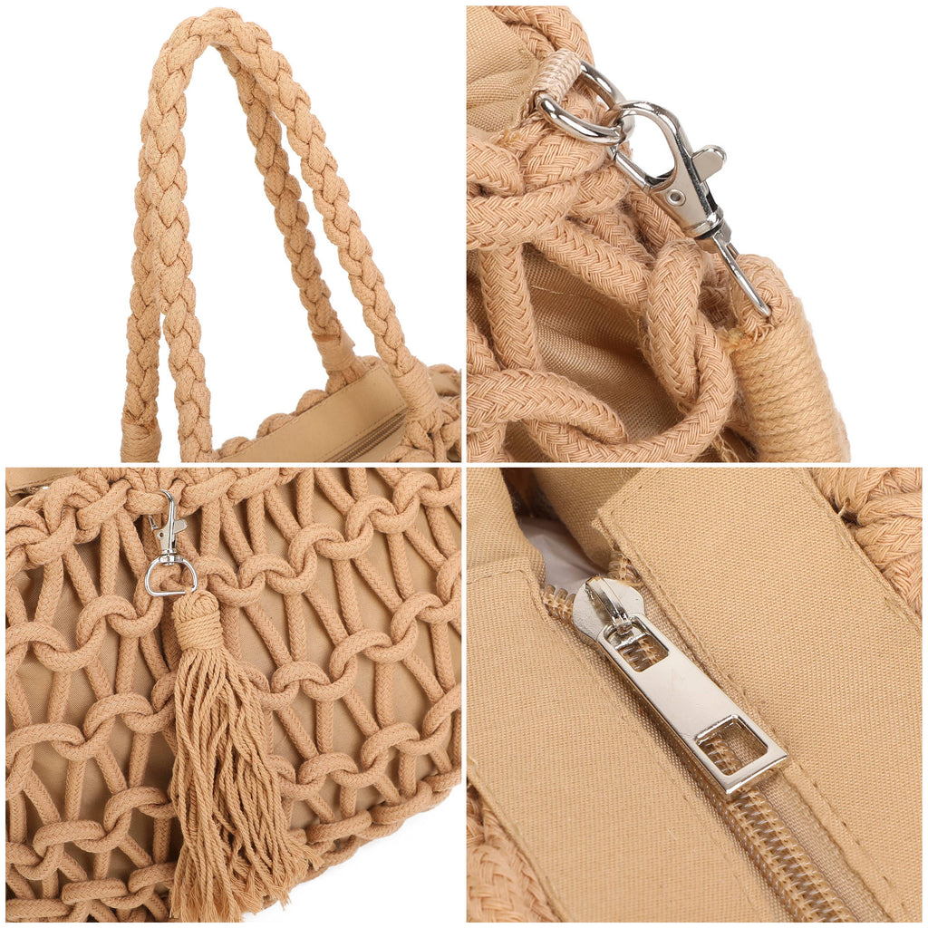 Boho Macramé Tote Bag with Tassel Charm