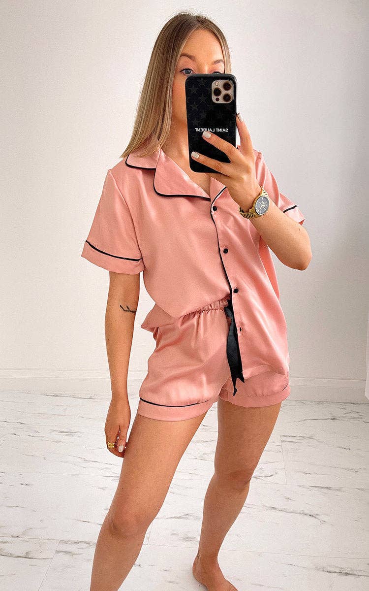 Satin Short Pyjama Set with Rose Piping · Crystal (XS–XXXL)