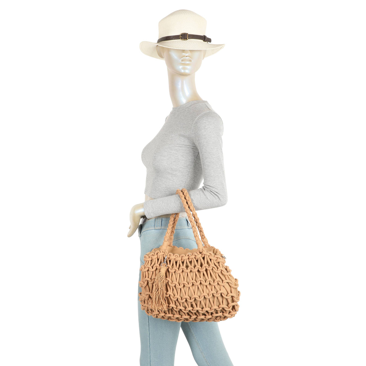 Boho Macramé Tote Bag with Tassel Charm