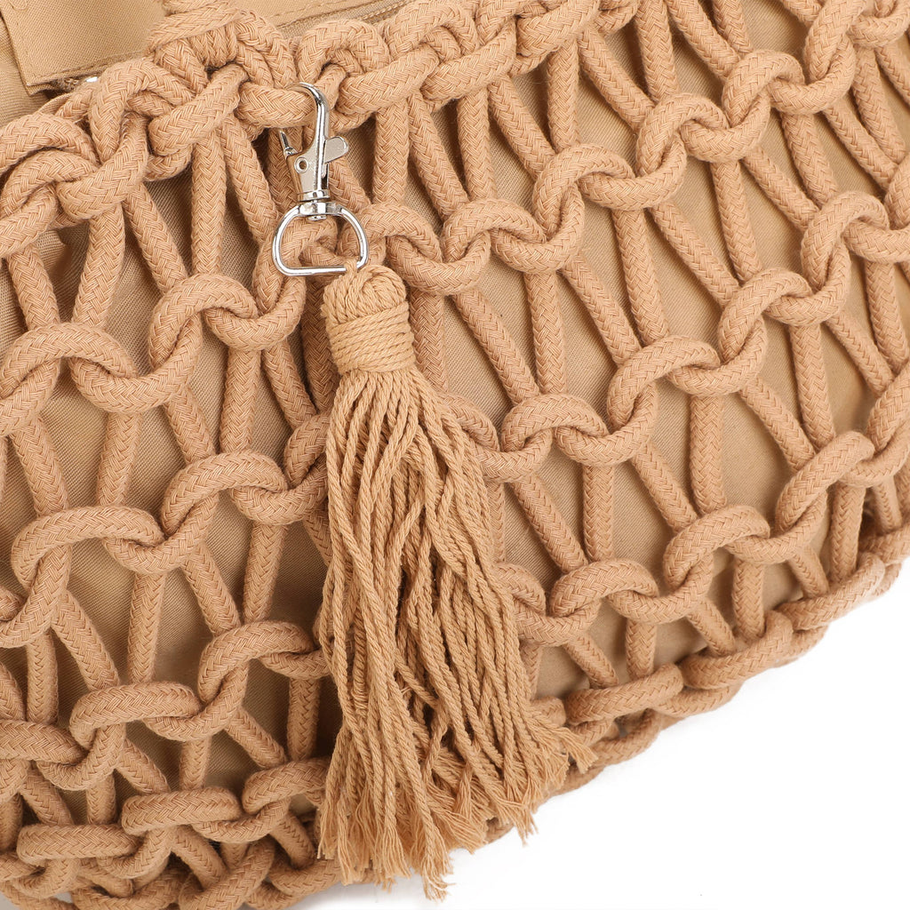 Boho Macramé Tote Bag with Tassel Charm