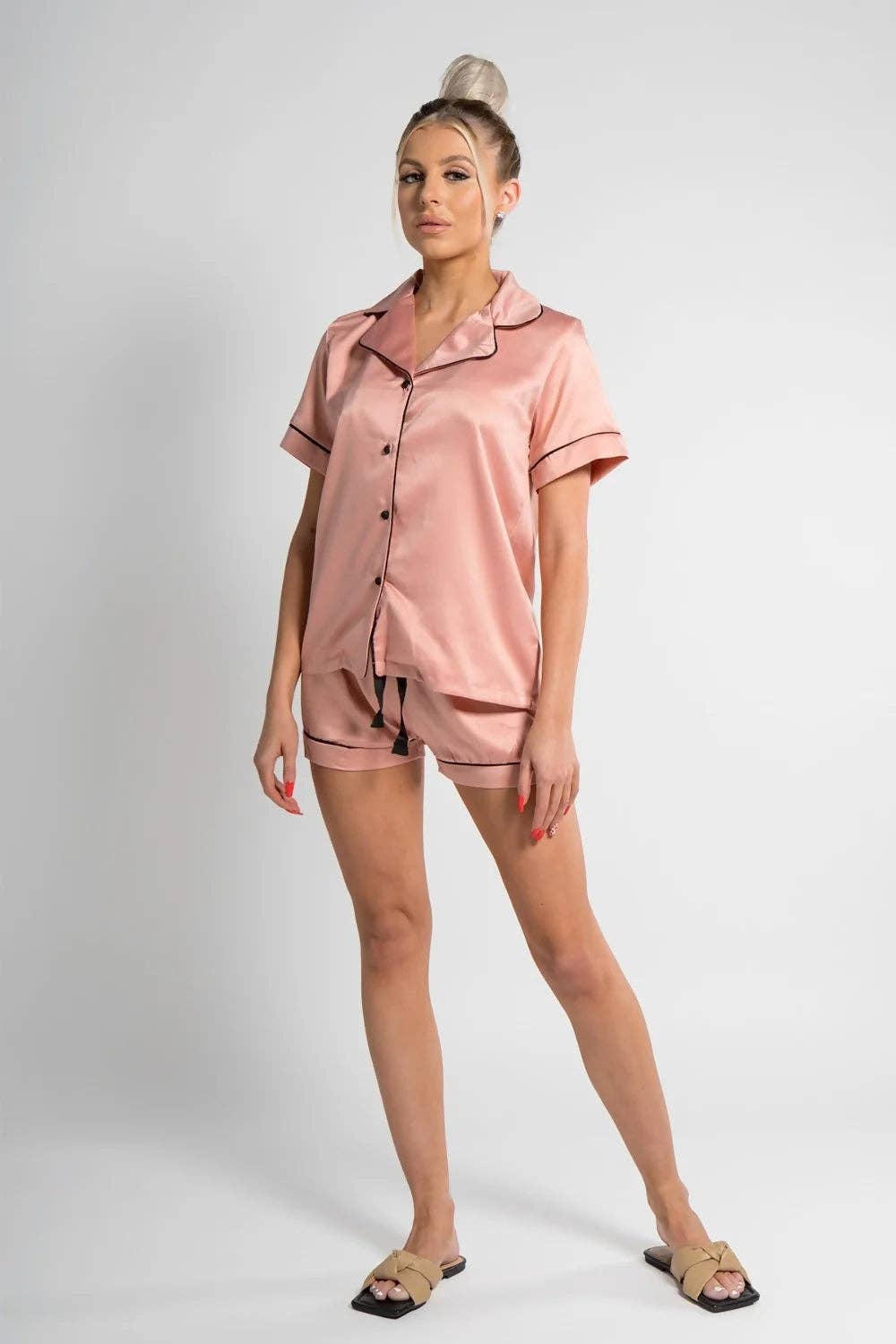 Satin Short Pyjama Set with Rose Piping · Crystal (XS–XXXL)