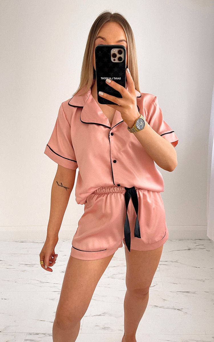 Satin Short Pyjama Set with Rose Piping · Crystal (XS–XXXL)