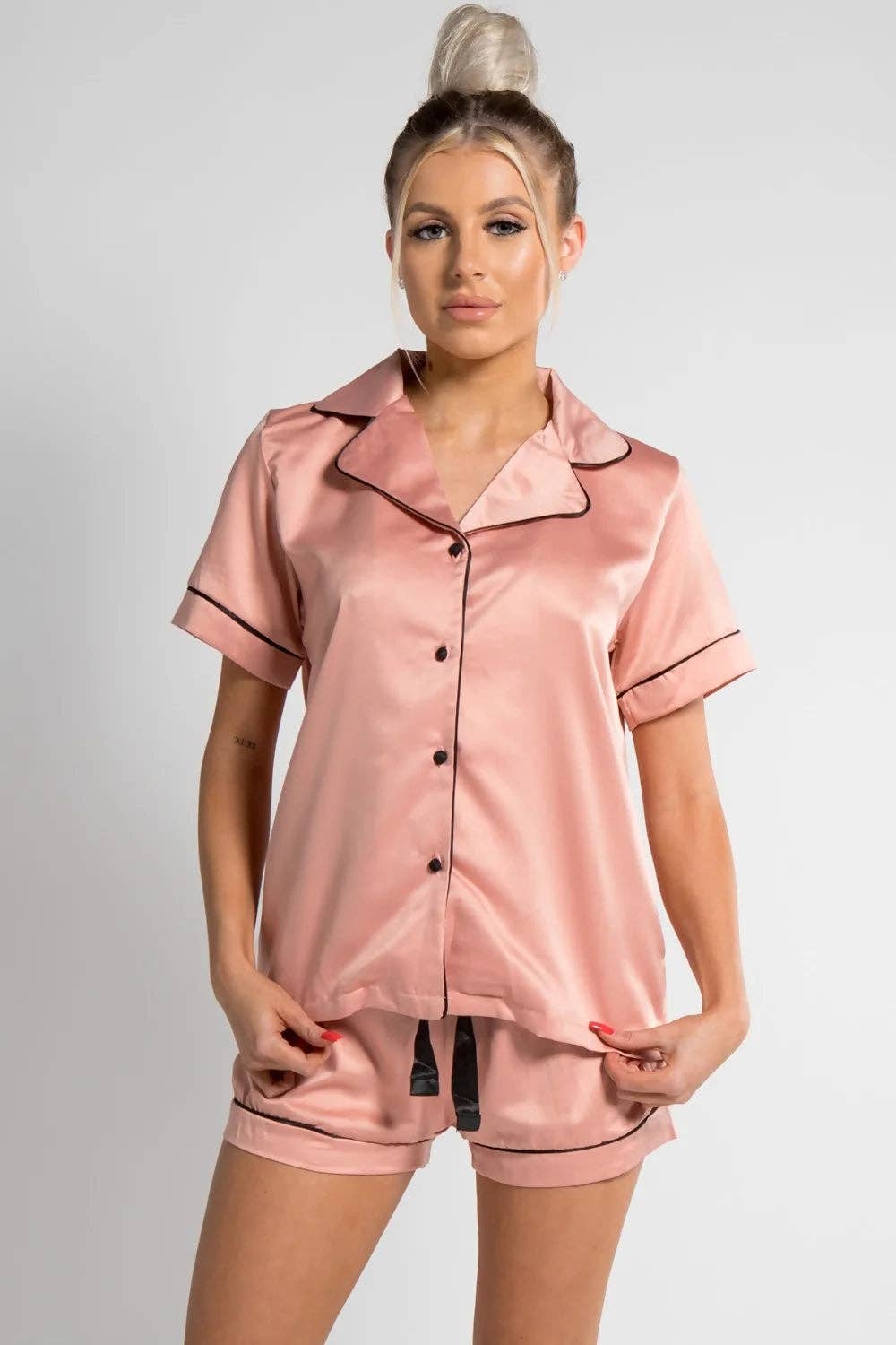 Satin Short Pyjama Set with Rose Piping · Crystal (XS–XXXL)